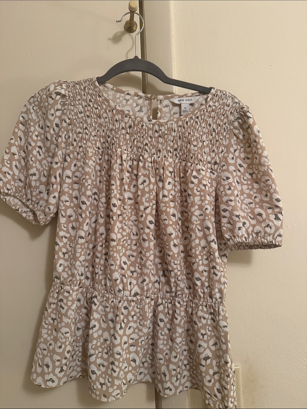 Nine West Beige and White Leopard-Print Smocked Peplum Blouse